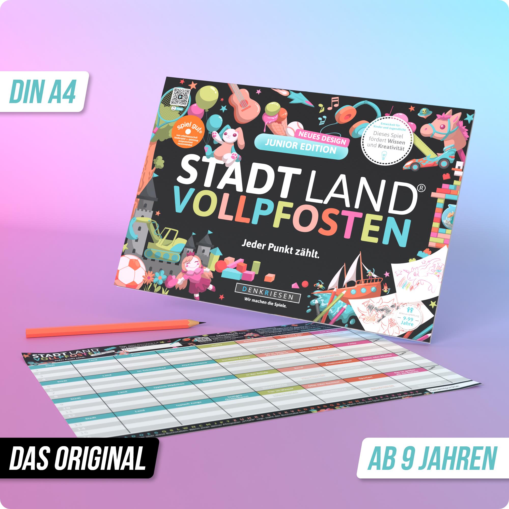 Stadt Land Vollpfosten® Junior Edition – "Jeder Punkt zählt." | A4 Spielblock