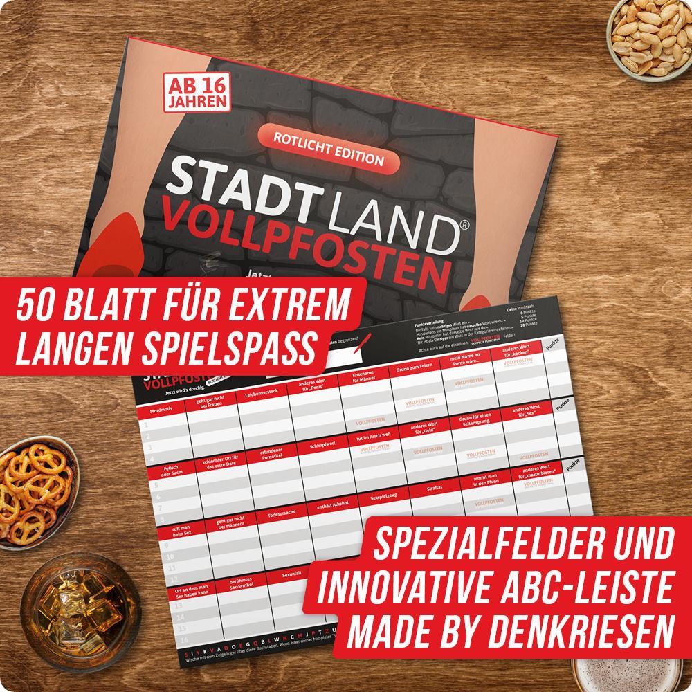 Spar-Set Tanja | Stadt Land Vollpfosten® A4 Spielblock + HANGMAN® - Rotlicht Edition