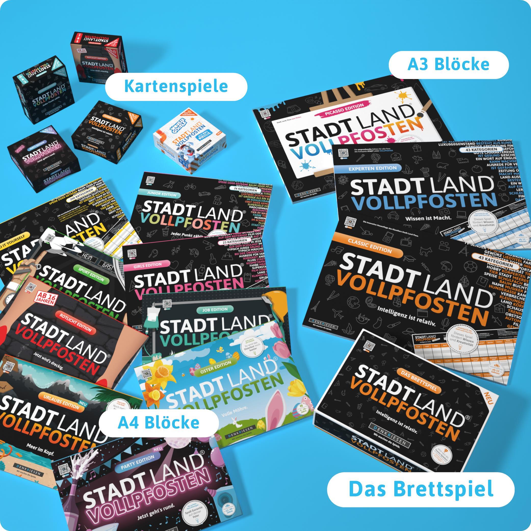 Stadt Land Vollpfosten® Das Brettspiel | Grundspiel + Junior Erweiterung